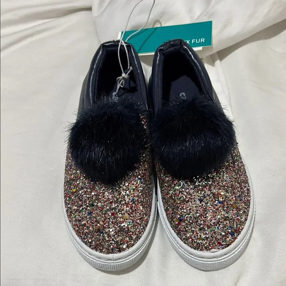 Capellini 11 Kids navy Glitter Slip-On Shoes with Faux Fur Pom nwt